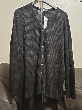 Lightweight Black Open-Knit Button Cardigan